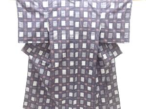 格子に絣柄織り出し手織り紬着物